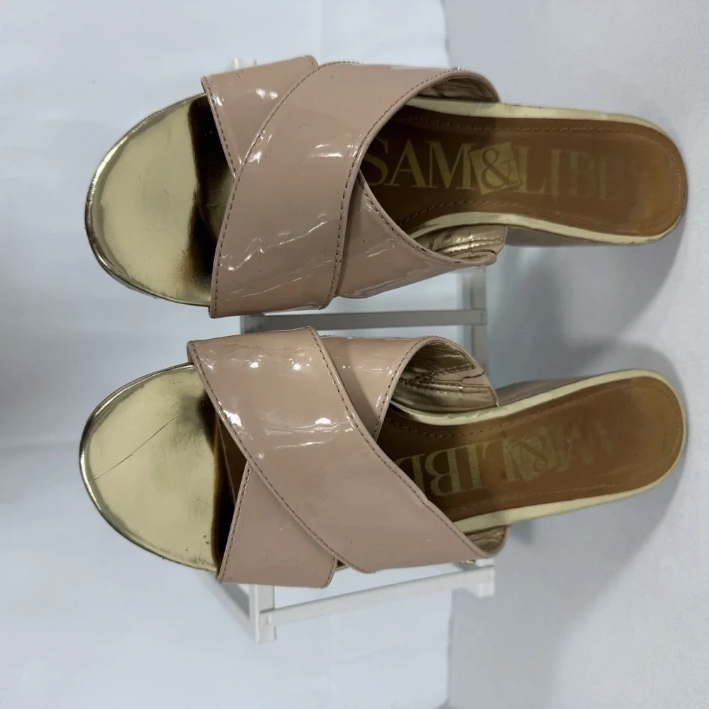 Sam & Libby Womens 10 Pink Beige Criss Cross‎ Cork Wedge Sandal Summer Wedding